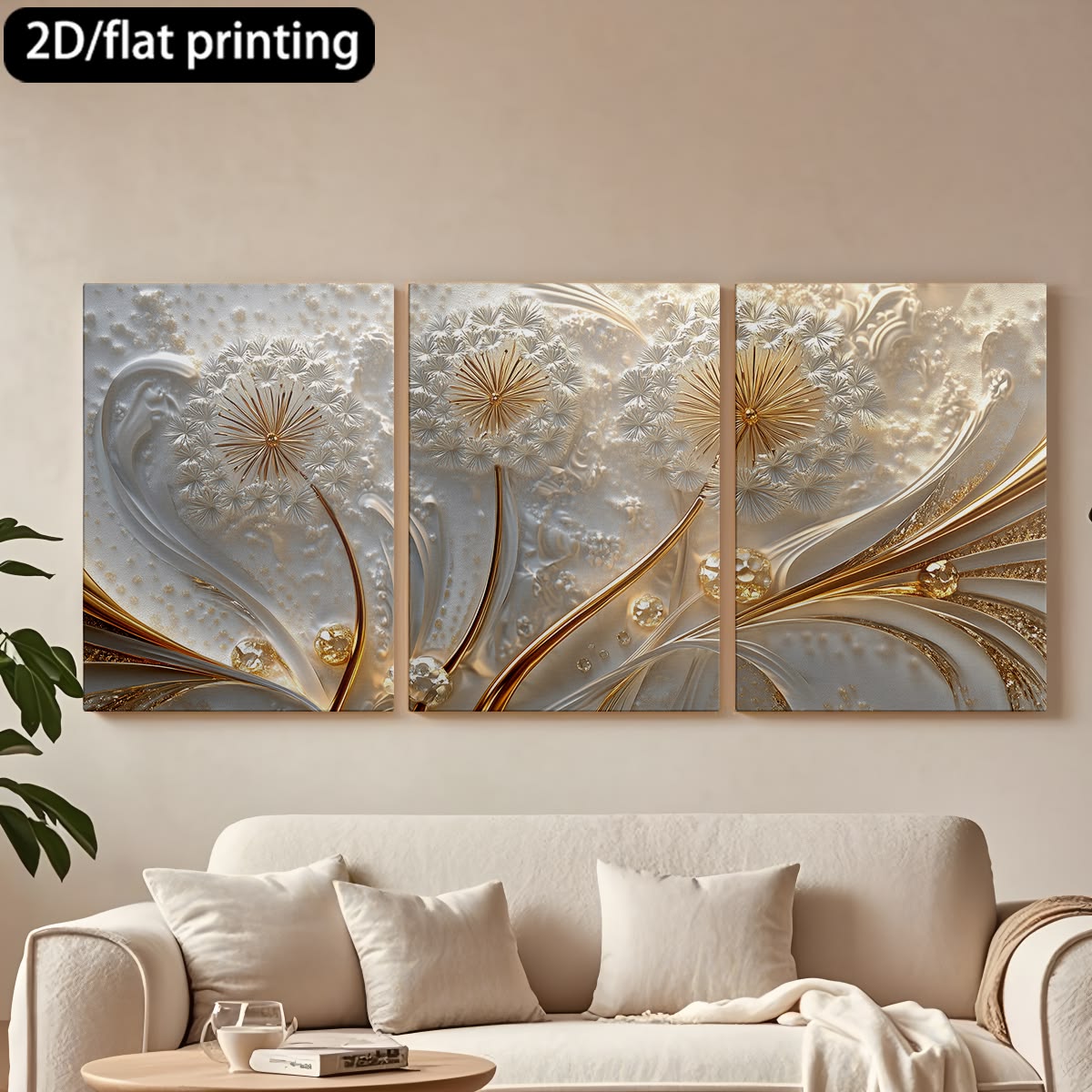 Luxury 3-Piece Floral Wall Frame Set – Gold & Pearl Dandelion Art on Textured Background - 12x16