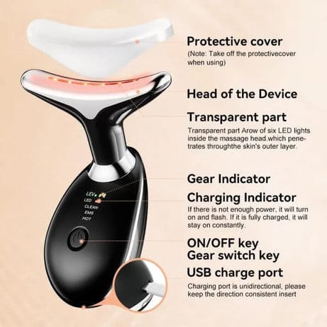 Rechargeable Neck & Face Massager with EMS Microcurrent – 3 Color Light Therapy, Hot Compress & Vibration Facial Skin Care Device (Type-C Charging)
