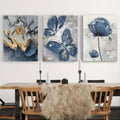 Elegant 3-Piece Flower Wall Frame Set – Blue & Gold Abstract Art for Modern Décor - 12x16