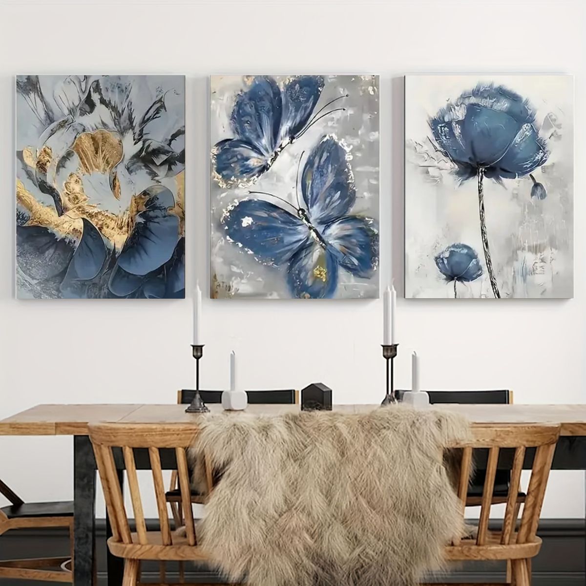 Elegant 3-Piece Flower Wall Frame Set – Blue & Gold Abstract Art for Modern Décor - 12x16