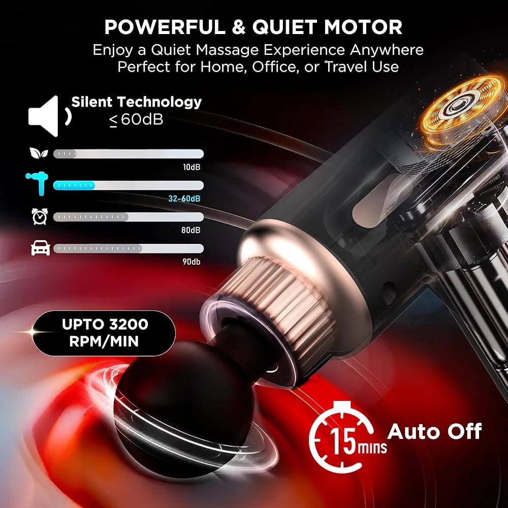Rechargeable Massage Gun | 3000mAh Battery | 4 Speed Levels | 4 Removable Heads Electric Full Body Gun Massager, Pain Relief Cordless Deep Tissue Massager