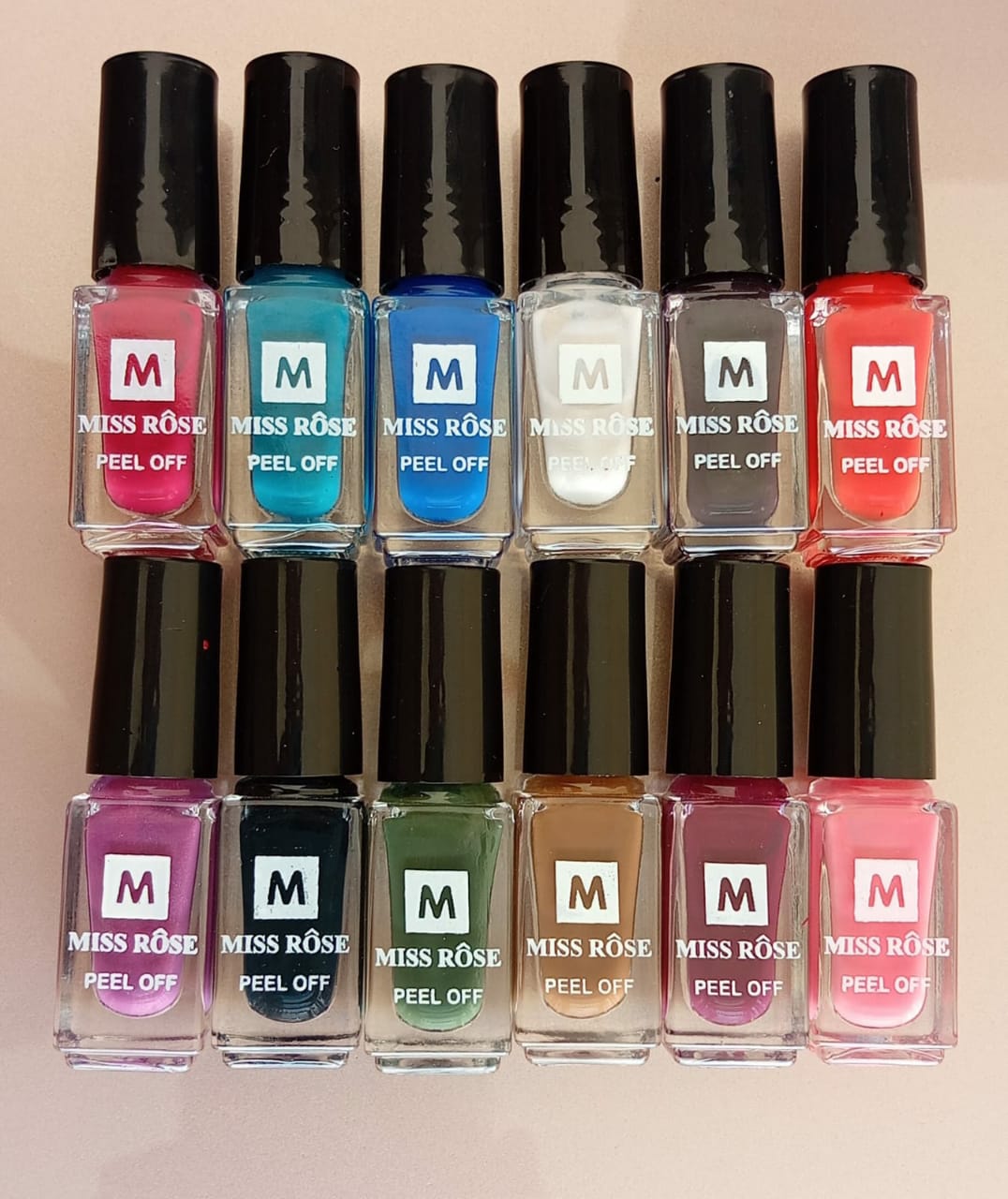12 Pcs Miss Rose Peel Off Nail Paint Set – Assorted Colors Easy to Apply Nail Polish