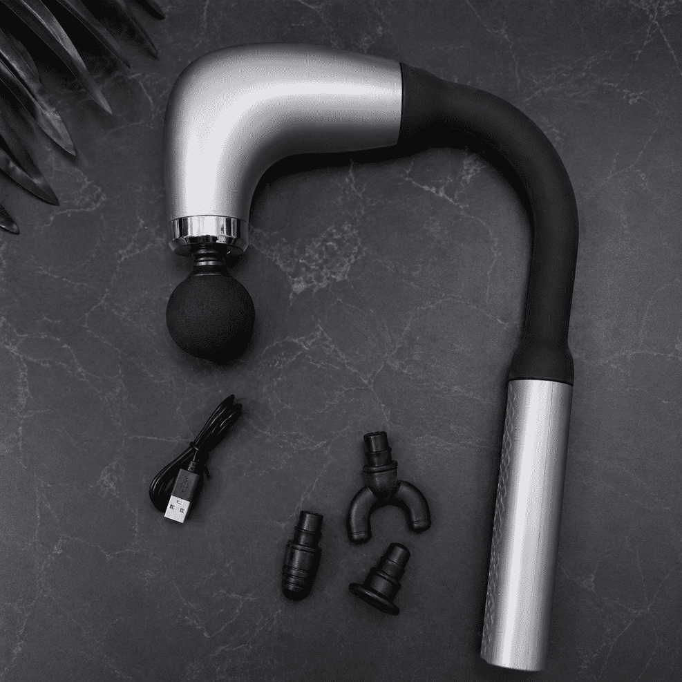 Long-Handle Fascial Gun Massager – Ergonomic Percussion Massage Tool with 4 Interchangeable Heads – Rechargeable Full Body Muscle Relaxer